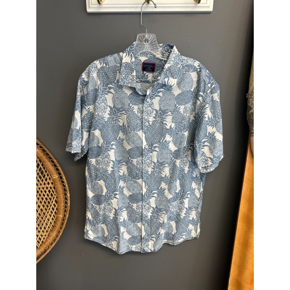 Untuckit‎ Shirt Mens Size L Linen Blend Short Sleeve Floral Pineapple Resortwear